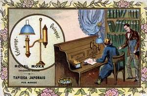 照明器具の歴史。アントワーヌ・カンケが、スイスの物理学者エイム（アミ）・アルガン（1755-1803）の発明したランプを完成させる。 作： Unknown artist