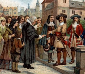 有名都市の歴史的エピソード。ブランデンブルク大選帝侯フレデリック・ウィリアム1世(1620-1688)は、ベルリンでフランス人移民を受け入れた(1685年)。彼は、ナントの編集が撤回された後、フランスを捨てたフランスのプロテスタントを歓迎した。この 作： Unknown artist