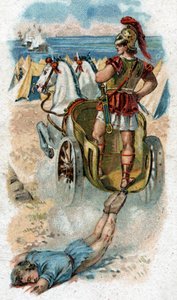 アキレスの生涯の歴史、トロイア戦争の伝説の英雄たち：アキレスは戦車の後ろでヘクトルの死体を水に流す。1890年のクロモリトグラフ。 作： Unknown artist
