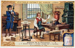 磁器の歴史1709年にJohann Friedrich Bottger (Bottcher or Bottiger) (1682-1719)が磁器の真の製造方法を発見 - リービッヒの色板法 作： Unknown artist