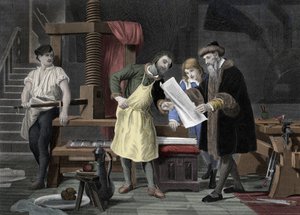 印刷の歴史：ヨハネス・ゲンスフライシュ・グーテンベルク（1400-1468）とヨハン・フュスト（1400-1466）のプレス機で印刷された聖書の最初のテスト - 1453年 グーテンベルクのプレス機からの最初のプルーフシート 作： Unknown artist