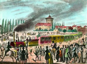 公共交通機関の歴史：パリとヴェルサイユを結ぶ鉄道。19世紀のエングレーヴィング。個人蔵