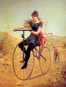 自転車の歴史：ベロシペディスト、または自転車を漕ぐ女性。19世紀の版画 作： Unknown artist
