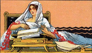 文字の歴史：ラテン語でノートに書き込む若い女性、20世紀初頭（クロモ） 作： Unknown Artist