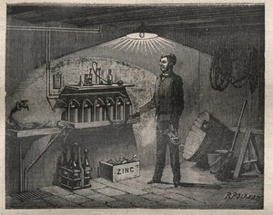 家庭用電気製品。ラディゲが発明した電池の地下室への設置 - Engraving In "La Science francaise"