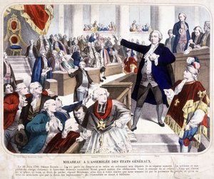 ミラボー伯爵（1749-1791）のオノレ・ガブリエル（Honore-Gabriel）・リケティ（Honore Gabriel (Honore-Gabriel) Riqueti）は、エタツ・ジェナル（États Génales）の集会で。23日、「我々は人民の力によってここにいるのであり、銃剣の力によってのみ我々から奪うことができると、あなたの主人に伝えてきなさい」と 作： Unknown artist