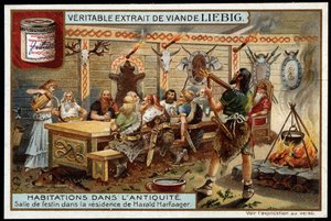 アンティークの家：ノルウェー王ハラルド1世ハルフガー（850-933）dit Belle Chevelure邸の饗宴の間 - Liebig chromolithography 作： Unknown artist