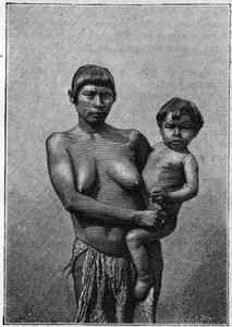 人間動物園：パリの順応園にいるガリビ族の若い女性とその子供。1882年8月19日の「La Nature: revue des sciences et de leurs applications aux arts et a l