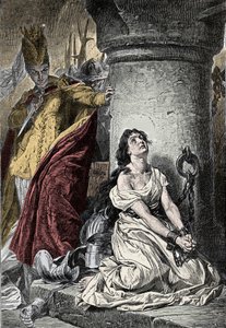 百年戦争：ルーアンの牢獄でのジャンヌ・ダルク（1412-1431）。1431年、異端の罪に問われたジャンヌ・ダルクは、ルーアンにあるフィリップ・オーギュストのシャトーの地下牢に幽閉された。19世紀のカラーエングレーヴィング 作： Unknown artist