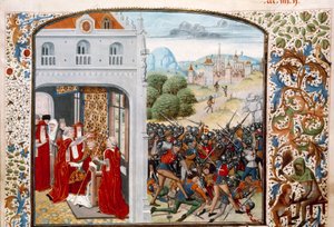 百年戦争：「教皇グレゴワール11世（1329-1378）が1370年にアヴィニョンで戴冠。1370年12月4日、フランス人とイギリス人によるポンヴァランの戦い」 ジャン・フロワサール（1337-1400）の「年代記」からのミニチュア 15世紀パリ。B.N. 作： Unknown artist