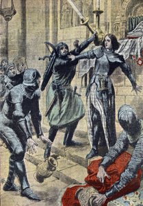 百年戦争：「ブルゴーニュ地方ニエヴルのサン＝ピエール＝ル＝ムーティエ教会で、シャルル2世ダルブレの兵士による略奪を阻止するフランスのヒロイン、ジャンヌ・ダルク（1412-1431）の表象、1429年4月11日」（フランスのヒロイン、ジャンヌ・ダルクがブルゴーニュ地方ニエヴルのサン＝ピエール＝ル＝ムーティエ教会で、シャルル2世ダルブレの兵士による略奪を阻止している。 作： Unknown Artist