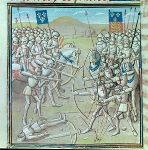 百年戦争：1346年8月26日、フランス軍とイギリス軍の間で行われたクレシーの戦い。14世紀の写本のミニチュア パリ、Bibliotheque de l