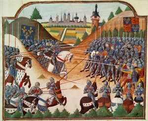 百年戦争：1450年4月15日、フォルミニー（カルヴァドス）でのトーマス・キリエールとジャン・ド・クレルモンのイングランド軍との戦いを描いたもの。Marが編集したJean Chartierの年代記の中の「Vigiles du roi Charles VII」という写本から彩色されたミニチュア。 作： Unknown artist