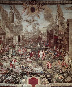 ハンガリーのコンクェート"02/09/1686にオーストリア人がブダをオスマントルコから奪い返す" ブダは現在のブダペストの一部。戦国武将はロレーヌのシャルル5世とミクサ・エマニュエル2世。暴力のシーン、家の火事。タペストリーの詳細。17世紀 作： Unknown artist