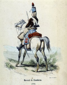 1793年、シャンボランのユサールが馬に乗って登場。 作： Unknown artist