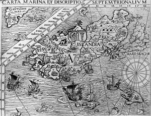 アイスランド、1539年頃、スウェーデンの大司教、オラウス・マグヌス（1490-1557）による「カルタ・マリーナ」の細部 作： Unknown artist