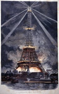 1889年の万国博覧会でのエッフェル塔のイルミネーション。 作： Unknown artist