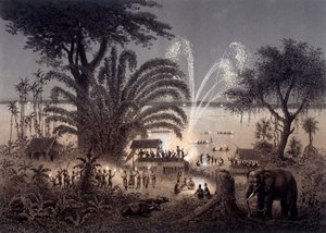 シャム・ラオスのバサック祭の際に行われた川のイルミネーション。1873年にF.ガルニエの指揮で出版された "Atlas of the exploration voyage in Indochina carried out during the year 1866-1868 "にて。 作： Unknown artist