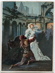 イタリアの作曲家ジュゼッペ・ヴェルディ（1813〜1901）が、ヴィクトル・ユーゴーの悲劇「エルナーニ」をもとに1844年に制作したオペラ「エルナーニ」第2幕第4場のイラスト。19世紀末のクロモリトグラフ。