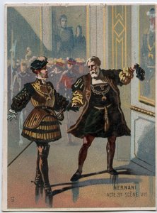 イタリアの作曲家ジュゼッペ・ヴェルディ（1813〜1901）のオペラ「エルナーニ」第3幕第6場のイラスト。ヴィクトル・ユーゴーの悲劇「エルナーニ」の後、1844年に制作された。19世紀末のクロモリトグラフ。 作： Unknown artist