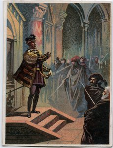 イタリアの作曲家ジュゼッペ・ヴェルディ（1813〜1901）が、ヴィクトル・ユーゴーの悲劇「エルナーニ」の後、1844年に制作したオペラ「エルナーニ」第4幕第1場のイラスト。19世紀末のクロモリトグラフ。 作： Unknown artist