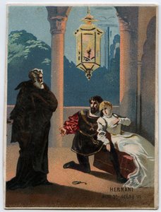 イタリアの作曲家ジュゼッペ・ヴェルディ（1813〜1901）のオペラ「エルナーニ」第5幕第6場のイラスト。ヴィクトル・ユーゴーの悲劇「エルナーニ」の後、1844年に制作された。19世紀末のクロモリトグラフ。 作： Unknown artist