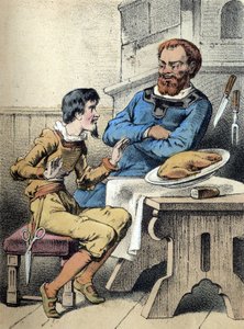 フランツ・ホフマンの物語「Tales et Fables - Le Joyeux petit tailleur」のイラストです。19世紀のクロモリトグラフ。 作： Unknown artist