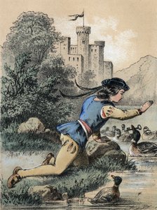 フランツ・ホフマンの物語「Tales et Fables - Les 3 princes」のイラストです。アヒルから鍵を受け取る王子。19世紀のクロモリトグラフ。 作： Unknown artist