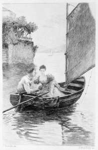 スタンダールの「赤と黒」の挿絵。1830.ジュリアン・ソレルとマダム・ド・レナルが帆船に乗っている様子。19世紀末のエングレーヴィング。 作： Unknown artist
