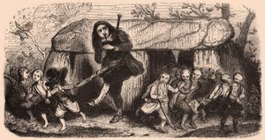 ブルトンの伝統の後の伝説のイラスト：ラオスのバグパイプ奏者とドルメンの前で踊るゴブリン 作： Unknown