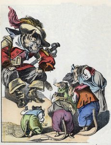 ジャン・ド・ラ・フォンテーヌの寓話を描いた物語「恐ろしいラミナグロビスとネズミたち」の挿絵。小さな子供たちのための家の物語」の中で。19世紀のアノニマス・エングレーヴィング。