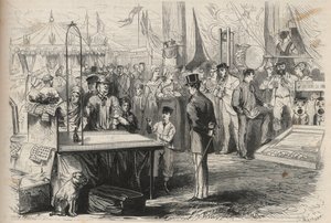 フォンテーヌブローの晩餐会に参加した皇太子ユージン・ルイ・ジョセフ（1856-1879）。紐で吊るされたボールの力を借りて、人形を脱力させようとしている。"The Universe illustrious "のエングレーヴィング 作： Unknown artist