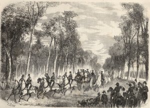 ナポレオン3世（1808-1873）とウージェニー皇女（1826-1920）がコンピエーニュで行った皇室の狩猟。1857年の「Le Monde illustrious」に掲載されたエングレーヴィング。個人蔵。