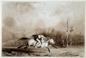 インディアン・オブ・アメリカ「縛られた男を乗せて疾走する馬」無名の絵。19世紀 ラ・ロシェル、ヌーヴォー・モンド博物館 作： Unknown artist