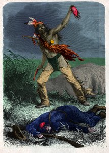 インディアンが兵士の頭をはがす。(1900年頃のイラスト) 作： Unknown artist