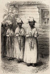 フェット・デューのカトリックの行列に参加するガイアナの先住民の女性たち。1862年から1863年にかけてのフランス領ギアナでの航海を説明するために、フレガート号の船長フレデリック・ブイエが描いたエングレーヴィング。 作： Unknown artist