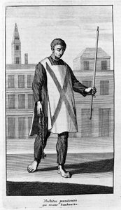 異端審問。オートダフェの行列のためのサン・ベニートの服。アムステルダム1692年の『異端審問史』からの挿絵。 作： Unknown artist
