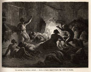 カリブー・イン（カナダ）の中では、真夜中になると、酔っぱらった罠師や鉱夫たちが歌い、そして地面に倒れたり、毛布をかぶって眠ったりしている。1862年から1864年にかけての大西洋から太平洋への航海（route du nord ouest par les terres）を説明するためのエングレーヴィング。 作： Unknown artist