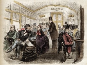 アメリカ、ボルチモア＆オハイオ鉄道の客車の内部 - 1861年 - 1860年のアメリカのワゴンの内部 作： Unknown artist