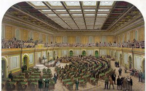 アメリカ国会議事堂の下院の内観で、開会中の議会とギャラリーの観客が描かれている - 1866年のエングレーヴィング。 作： Unknown artist