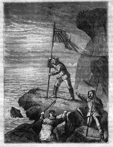 アメリカの北極圏探検家、アイザック・イスラエル・ヘイズ（1832-1881）が、開放されたはずの極海を探す探検の際に、北極海の海岸にアメリカの国旗を植えたこと - Poのためにアメリカの国旗を掲げるアイザック・イスラエル・ヘイズ（1832-1881 作： Unknown artist
