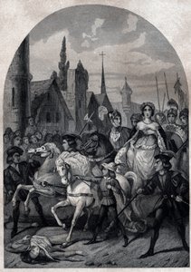 Isabella of Bavaria (1371-1435) entering Paris in 1389 - Entree de la Reine de France Isabeau (Isabelle, Elisabeth) de Baviere (1371-1435) a Paris - "Histoire des popes: crimes, murders, poisonings, parricide, adulteres, incest..." by 1842年のエングレーヴィング。