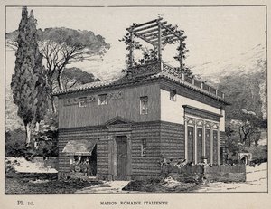 イタリアのローマ時代の家-1889年の「1889年万国博覧会における人間の居住の歴史（シャルル・ガルニエ氏著）」に掲載された彫刻-1889年のパリ中央美術出版社刊 作： Unknown artist