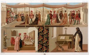 15世紀のイタリアのコスチューム。A.ラシーネの「歴史的衣装」では 作： Unknown artist