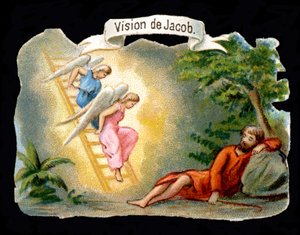 ヤコブの幻影は、梯子を使って天から降りてくる天使たちによって表現されています。19世紀のクロモリトグラフ。