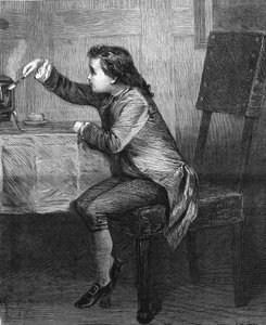 蒸気の法則を発見したジェームズ・ワット（1736-1819）の子供。マーカス・ストーンの絵を参考にした1868年のエングレーヴィング。 作： Unknown artist