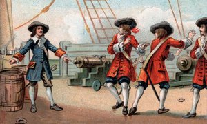 Jean Bart (1650-1702), French naval commander and privateer, threatening to blow up his ship - privateer Jean Bart (1650-1702) は、捕虜となったイギリスの私掠船に対して、火薬の樽に火をつけて船を爆破すると脅した。 作： Unknown artist