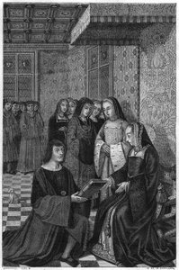 フランスのアンヌ王妃に詩集を献上する詩人ジャン・マロ（1463-1526）。19世紀のエングレーヴィング。
