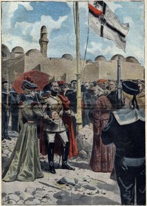 エルサレム-万聖節1898年。ドイツ皇帝でありプロイセン王であったウィリアム2世（1859-1941）は、エルサレム総主教であるモンシニョール・ルイジ・ピアヴィの前で、カトリックの臣民のために、セナクルの近くにある「休息」の土地を手に入れた。イラストはこちら