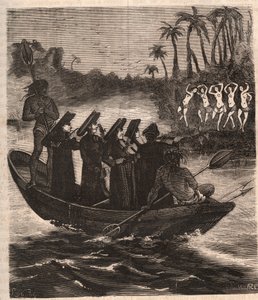 1553年、パラグアイのグアラニー族に船で到着したイエズス会の宣教師たち - ピエール・ザッコーネ（1817-1895）の「History of Secrete, Political and Religious Societes」に掲載された1879年のエングレービング 作： Unknown artist